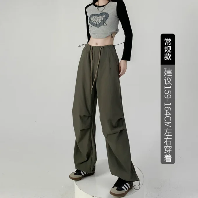 High-Waisted Straight Casual Sport Pants Elastic Waist Spring Autumn Loose Canvas Trousers Anti-Pilling High-Waisted Cargo