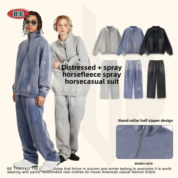 Men's Autumn American Pullover Sweatshirt Suit High Quality Fleece-Lined Straight-Leg Loose Knitted Winter Track Suit for Men - Image 2