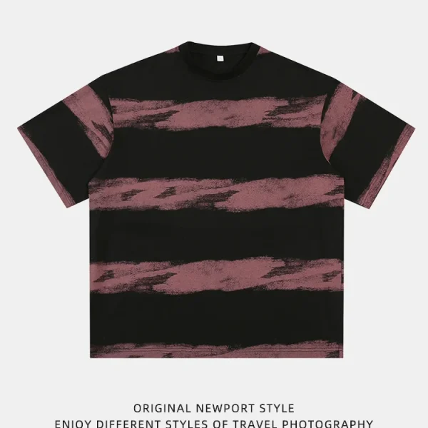 Men's Tie-Dyed Cotton T-Shirt Japanese Retro Style New Fashionable Embroidered Striped Design Summer Half-Sleeved T-Shirt