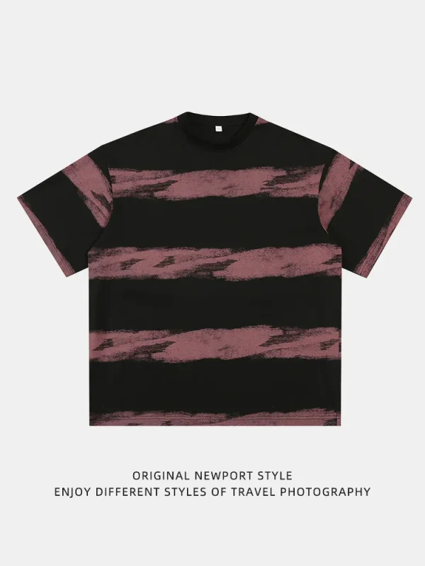 Men's Tie-Dyed Cotton T-Shirt Japanese Retro Style New Fashionable Embroidered Striped Design Summer Half-Sleeved T-Shirt - Image 5