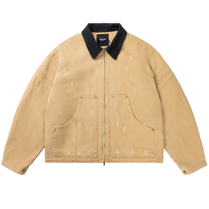 Cleanfit Washed Distressed DUCK Canvas Work Jacket for Men Women Barn Style Trendy Short Silhouette Stand Collar