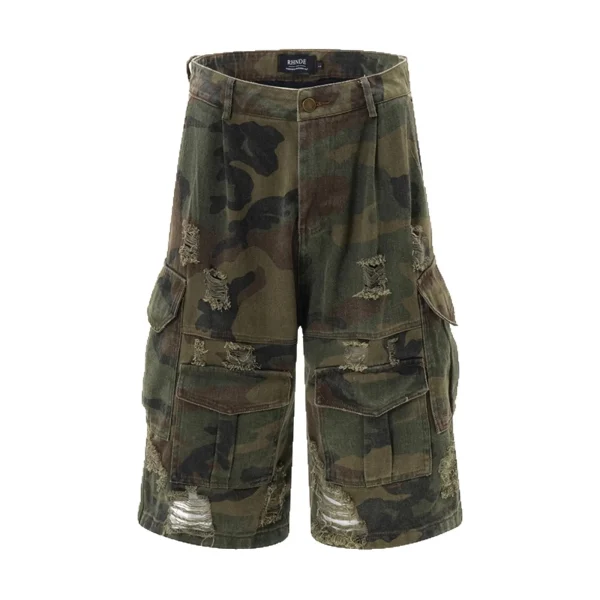2025 American Retro Cropped Men's Denim Pants Washed Distressed Camouflage Casual Loose Wide-Leg Ripped Summer Mid Straight - Image 5