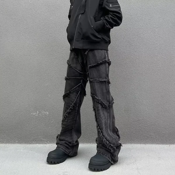 2025 New Arrivals Ruffle Wash Jeans Loose Straight Fringe Baggy Denim Long Black JeansDiZNEW Fashionable Men - Image 6
