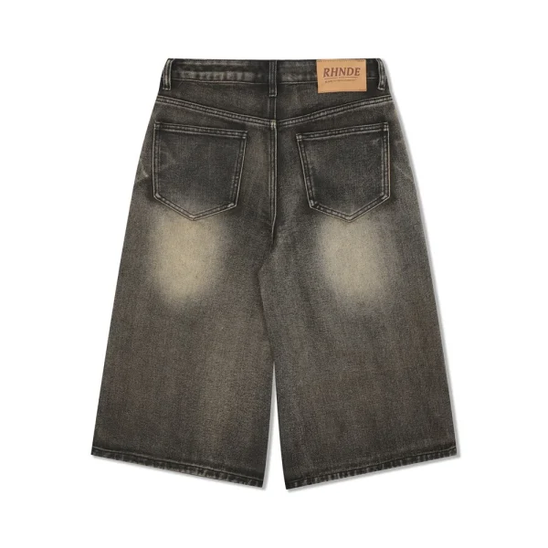 Vintage Washed Men's Denim Shorts Loose Cropped Streetwear High American Style Casual Straight Over-the-Knee Vibe Knitted Jorts - Image 2