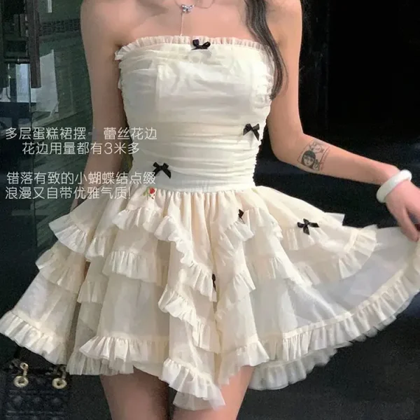2025 New Summer French Pure Cake Dress for Women Casual Style Waist-Cinching Tube Top High-Definition Gauze Puffy Skirt Woven