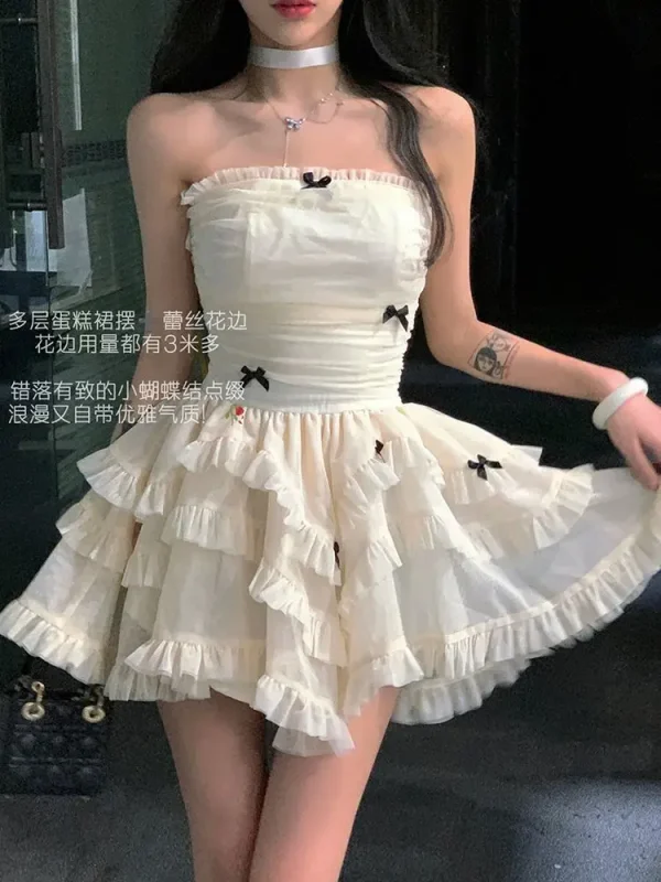 2025 New Summer French Pure Cake Dress for Women Casual Style Waist-Cinching Tube Top High-Definition Gauze Puffy Skirt Woven - Image 2