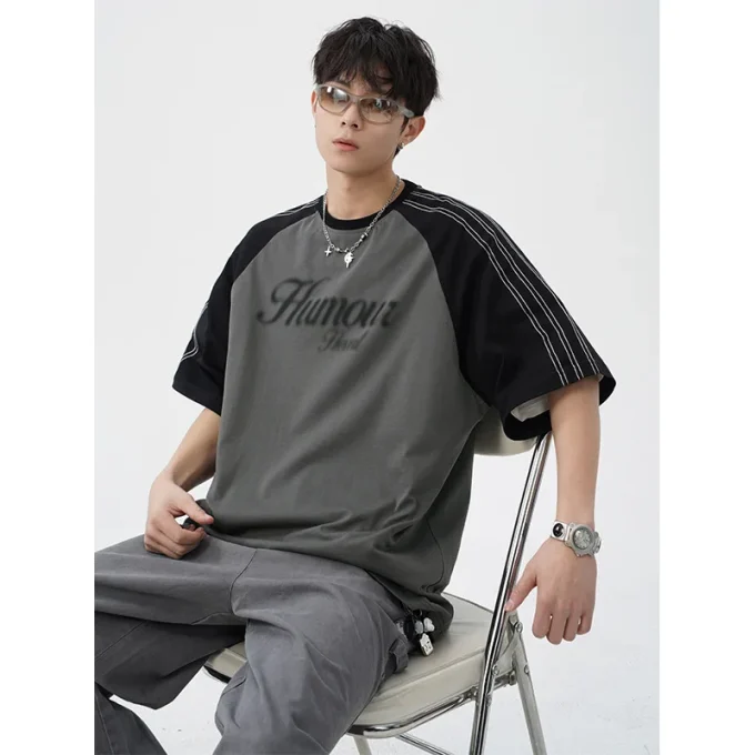 American Retro Color-Block Stitched Raglan Sleeve Short Sleeve T-Shirt for Men Summer Casual Loose New Fuzzy Dot Print 180g