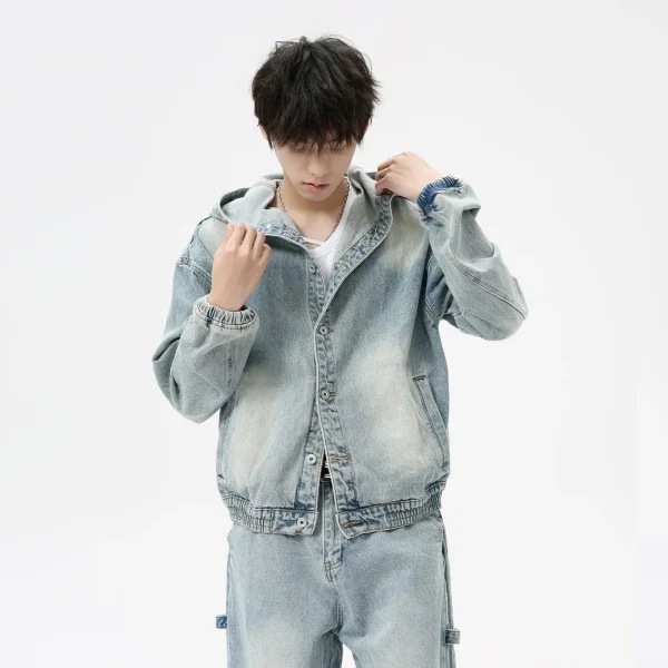 Men Denim Set New Men's Clothing American Retro Hooded Jacket Solid Pattern Washed Denim Suit Loose Fit Knitted Fabric - Image 4