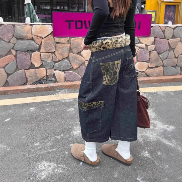 2025 European American Hiphop Street Pants Leopard Print Splicing Scimitar Jeans Embroidered Wide-Leg Cargo Pants Waist