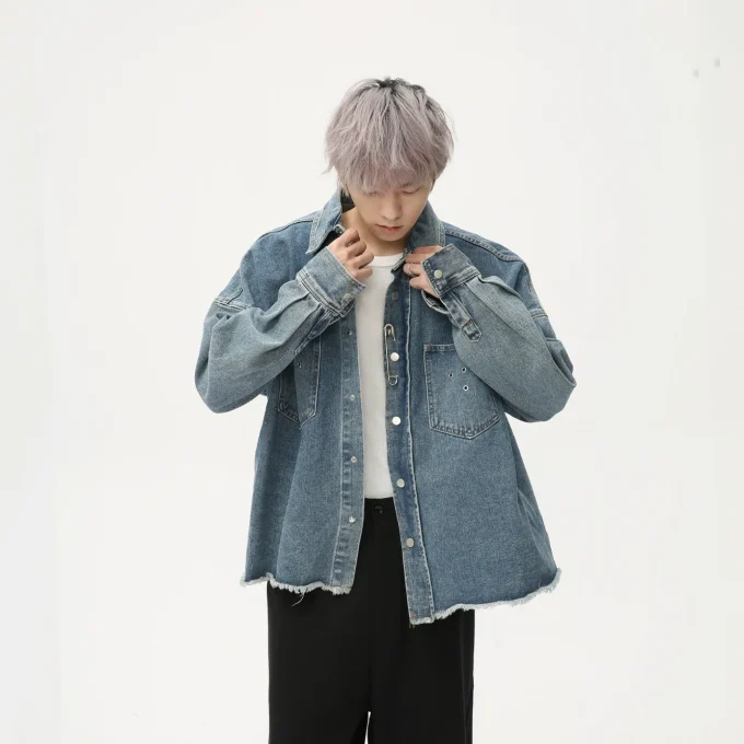 Men's Trendy Denim Jacket New American Retro Punk Metal Decor Frayed Hem Casual Style Front Rabbit XS for Spring - Image 3