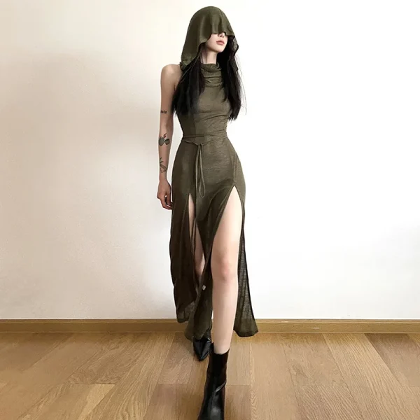 2025 Summer European American Trendy Women's Dress New Hooded Loose Hem Slit Solid Pattern Casual Style Front Natural - Image 2