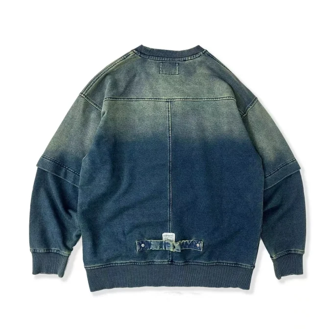 Retro Blue Tie Dyed Oversized Round Neck Loose Autumn Winter Sweatshirt for Men