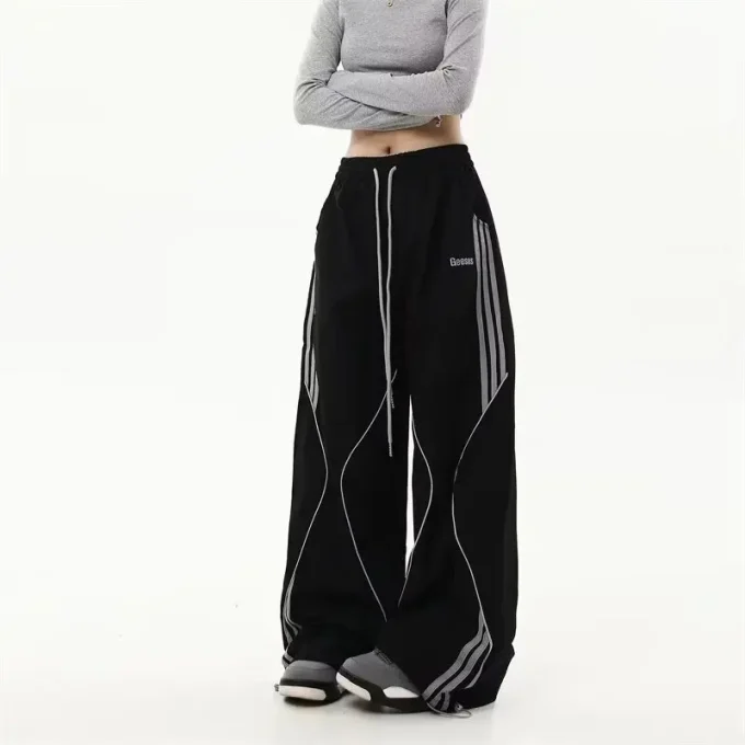 American-Style Solid Color Cargo Pants for Women Retro Striped Sweatpants Trendy Jazz Dance Hip-Hop Breathable