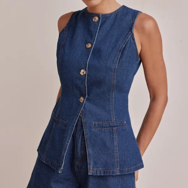 Spring Summer Vintage European American  New Casual Sleeveless Waist High Waist Loose Denim - Image 6