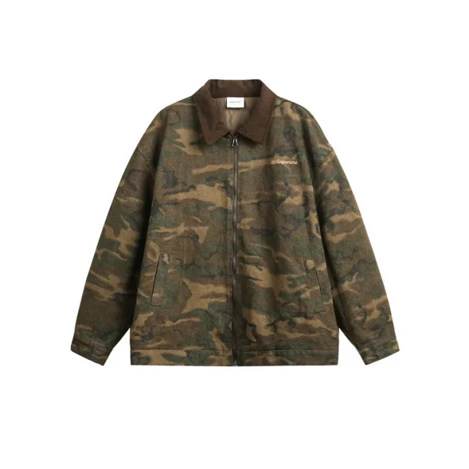 2025 Spring New Japanese Retro Style Unisex Cardigan Trendy Rabbit Fur Lapel Camouflage Jacket Coat Front Zipper Finished