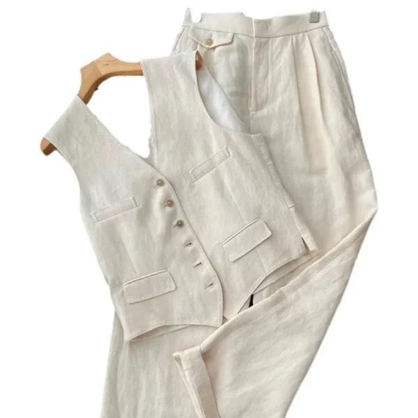 2025 New Summer Korean Fashion Elegant Two-Piece Set Canvas Suit Vest Wide Leg Pants Button Decoration Casual Ins Trend Design - Image 5