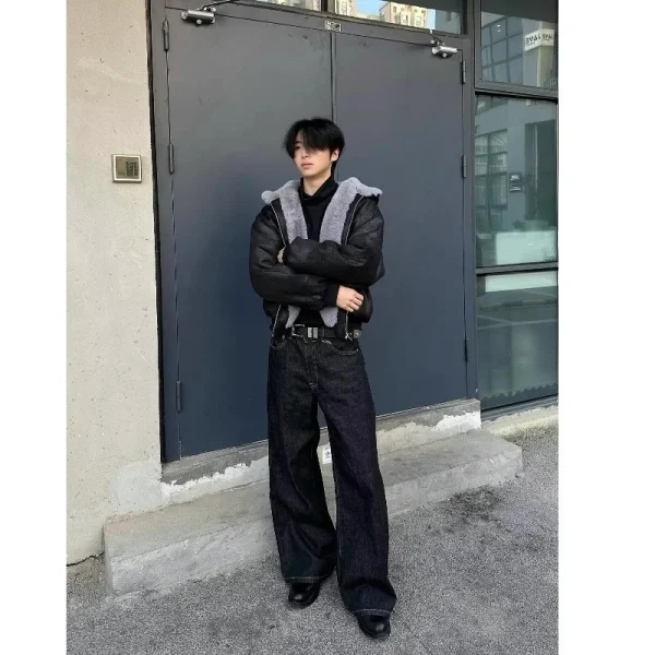 2025 New Style Old Money Black Red Cow Jeans Raw Straight Leg Slightly Flared Wide A-Line Mid Waist Loose Casual A-Line Jeans