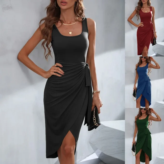 Casual Commuter Style Navy Blue XXS Dress with Square Collar Sleeveless and Front Print Pattern - Image 3