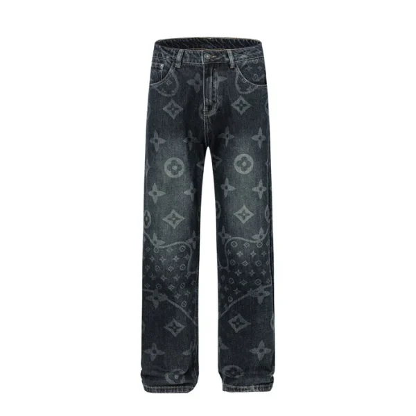 2025 New American Style Men's Jeans Fun Print Fashion High Street Trendy Washed Straight Wide Leg Denim Fabric Pants