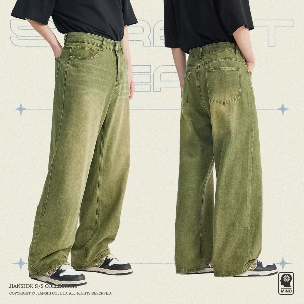 2025 Vintage Green Denim Jeans for Men Mid-Waist Straight Cut Slimming Loose Wide-Leg Casual Pants Floor-Length Medium - Image 2