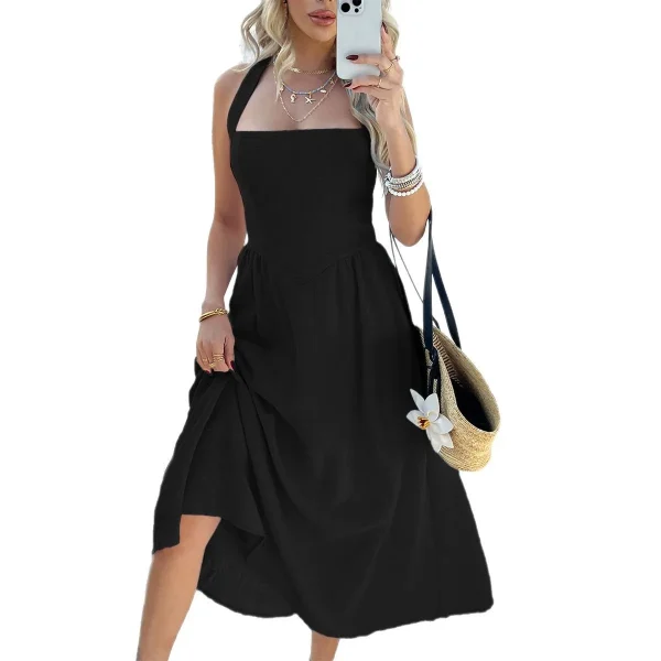 Casual Vacation Style Solid Color High Waist Sleeveless Halter Neck Long Skirt Women's Dress - Image 5
