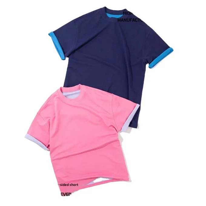 2025 Summer Vintage Style New Two-Tone Reversible Short Sleeve T-Shirt Oversized Loose Drop Shoulder Casual Versatile 300 Gram