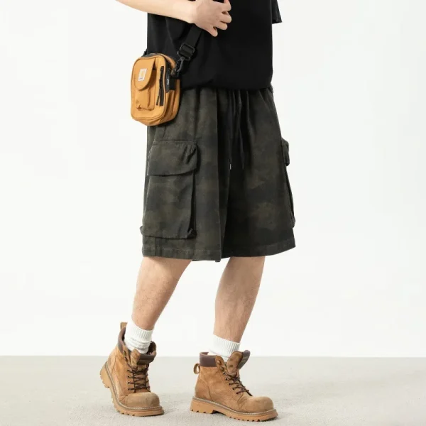 Vintage Summer Style Men's Camouflage Cargo Shorts 100% Cotton Large Pockets Five-Point Casual Outdoor Sports Shorts Drawstring - Image 3