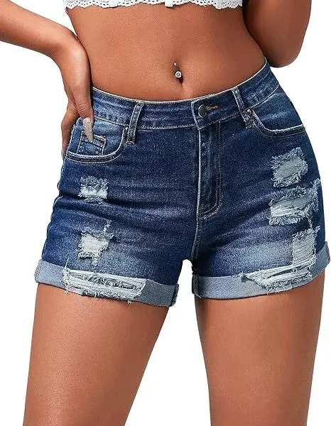 Women's High-Waist Elastic Denim Shorts Vintage Ripped Hem Straight Skinny Fit Casual Sexy Breathable Washed Button for Summer