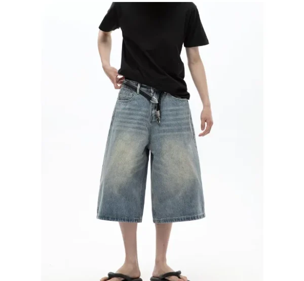 MDQ Men's Cropped Denim Shorts 100% Cotton American Retro Vintage Button Mid Loose Fit New Washed Print for Summer Casual - Image 4