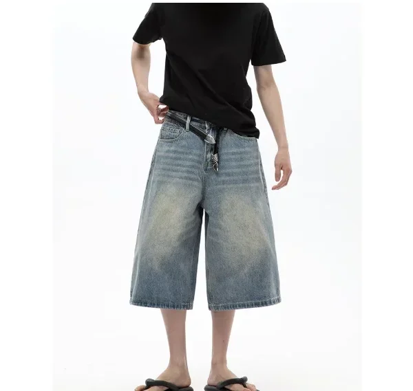 MDQ Men's Cropped Denim Shorts 100% Cotton American Retro Vintage Button Mid Loose Fit New Washed Print for Summer Casual