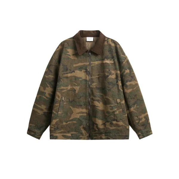 2025 Spring New Japanese Retro Style Unisex Cardigan Trendy Rabbit Fur Lapel Camouflage Jacket Coat Front Zipper Finished