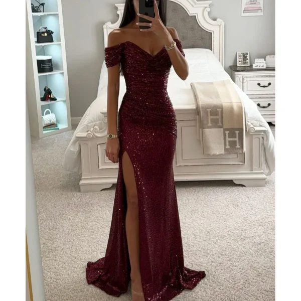 2025 INS Casual Fashion Cross-Border New European American Style Sequin Off-Shoulder Split Dress for Women Floor-Length Chiffon - Image 2