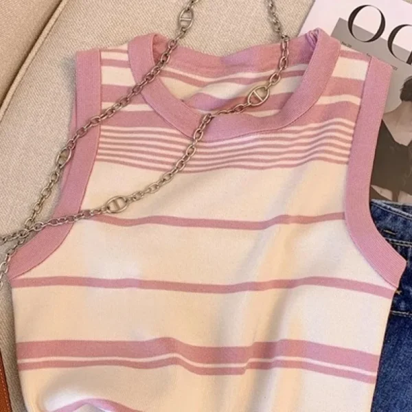 Women's Summer Casual Style Ice Silk Knitted Spice Girl Camisole Short Sleeveless T-shirt - Image 3