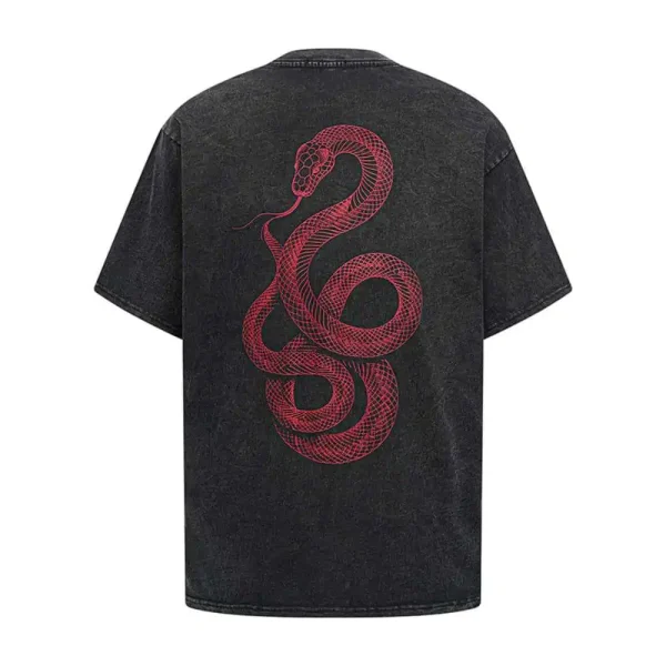 Men's Casual Top 100% Cotton Snake Print T-Shirt Distressed Washed Loose Top Short Sleeved T-Shirt Ins Street Fashion for Summer