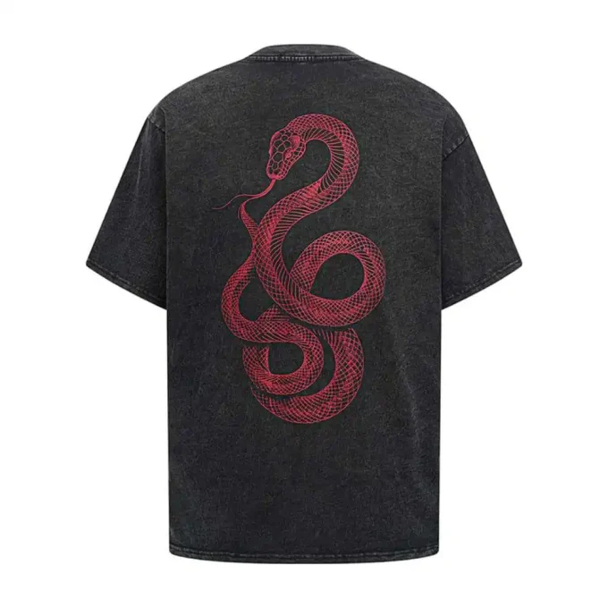 Men's Casual Top 100% Cotton Snake Print T-Shirt Distressed Washed Loose Top Short Sleeved T-Shirt Ins Street Fashion for Summer