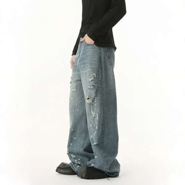2025 New Men's Unique Irregular Ripped Straight Wide Leg Jeans High Street Casual Denim Pants Washed Distressed Baggy Jeans - Image 5