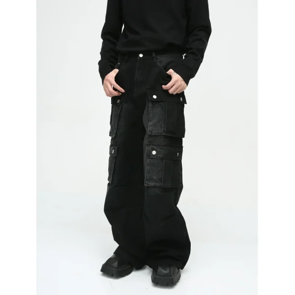 2025 Autumn New Men's Wide Leg Cargo Jeans With Flap Pocket Loose Fit Denim Design Muti-pocket Cargos - Image 2