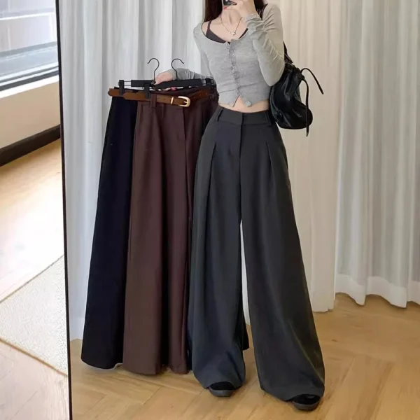 Autumhigh Casual Suit Pants High Waist Slimming Straight-Leg Draped Mop Design Easy Match Flat Front Elastic Waist