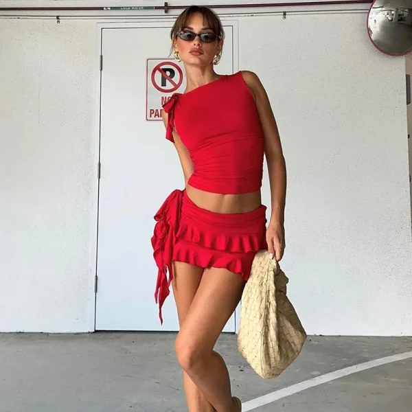 2025 New Women's Fashion European American Style Sleeveless Neck Vest Navel Slim-Fit Short Length Knee Skirt Summer Skinny Solid