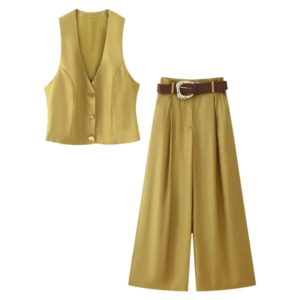 Women's Summer Casual Wide Leg Trousers Suit Gold Button Decorated Top Belt New Design 7484091 Available for
