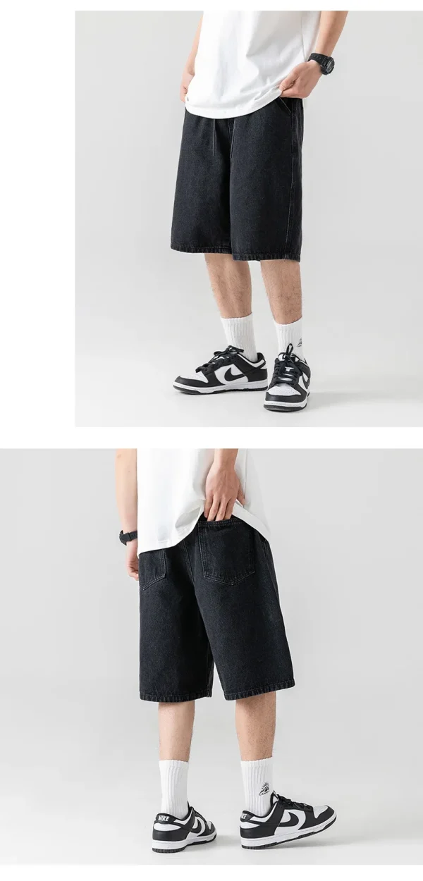 250g Collegiate Style Splicing Solid Color Simple Wash Denim Shorts Retro Suit for Men - Image 6