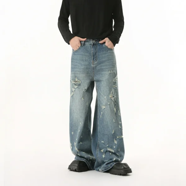 2025 New Men's Unique Irregular Ripped Straight Wide Leg Jeans High Street Casual Denim Pants Washed Distressed Baggy Jeans - Image 3