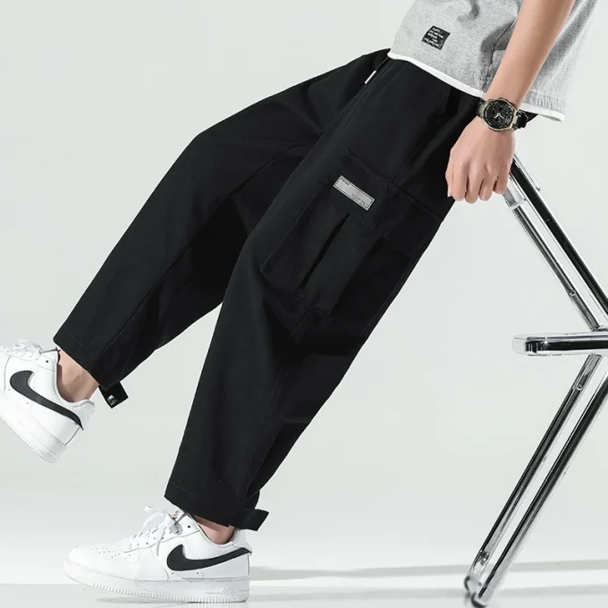 Autumn Men'S Cargo Pants Loose Wide Leg Casual Trousers for Men Black Khaki Drawstring School Male Clothes Streetwear