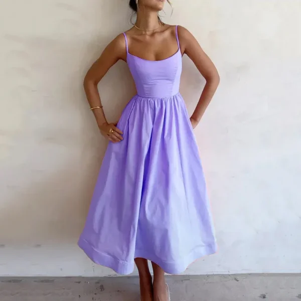 2025 Summer New Women's Fashion Cross-Border Satin Dress Casual U-Neck Waist-Cinching Ruched Strap Sexy Solid Spaghetti Natural - Image 3