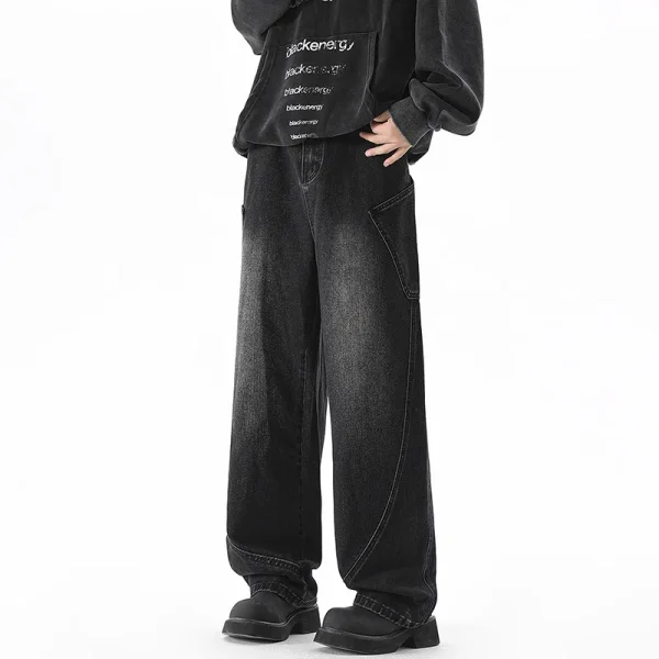 2025 Men's Scimitar Jeans Loose Straight Wide-Leg American Retro Long Pants in Autumn Winter Casual Denim with Medium Wash - Image 3