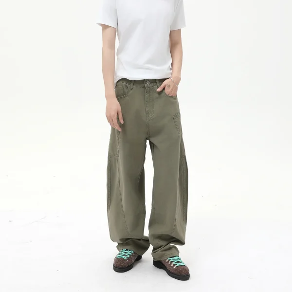 2025 Men's Mid-Waist Scimitar Stonewashed Jeans 100% Cotton Casual Style Workwear with High Street Design Stitching for Winter - Image 3