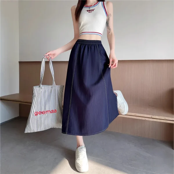 Summer Vintage Versatile Korean Style A-Line Skirt Midi College Wind Stitched Decoration Slimming Loose Pocket Denim New - Image 3