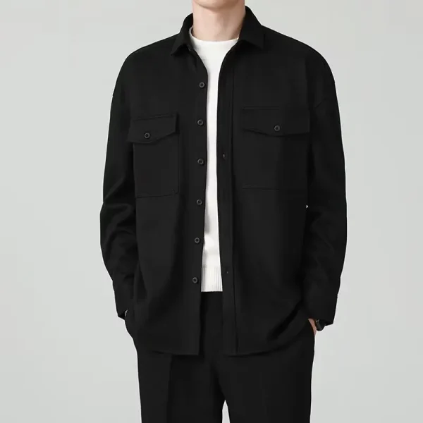 American Men's Casual Lapel Shirt Heavy Woolen Pure Color Long Sleeve Autumn Work Clothing Knitted Outwear - Image 4