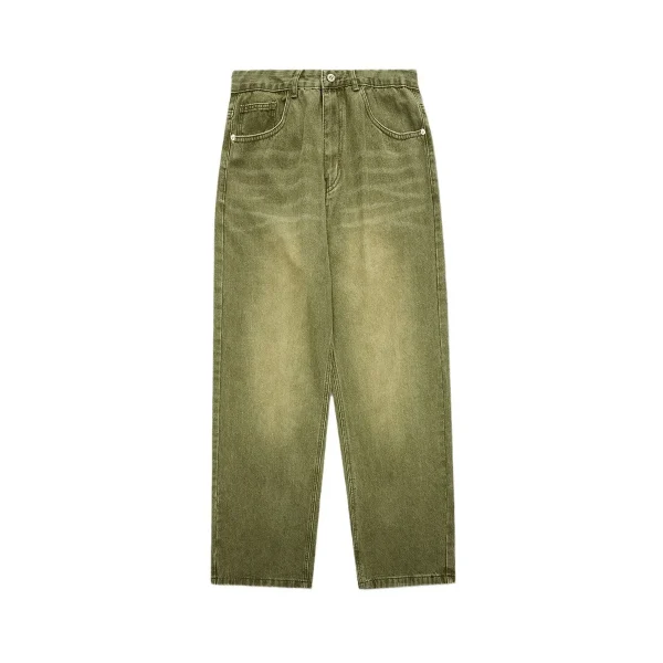 2025 Vintage Green Denim Jeans for Men Mid-Waist Straight Cut Slimming Loose Wide-Leg Casual Pants Floor-Length Medium - Image 5