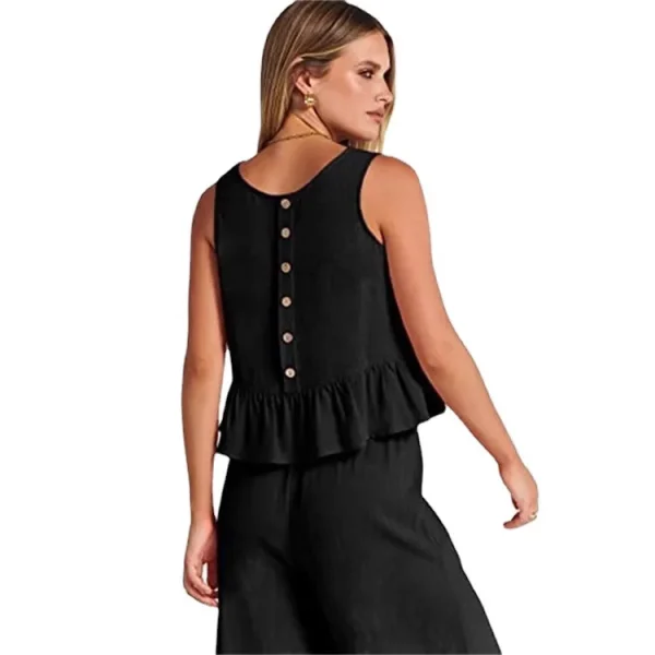 Women's Floral Nine-Point Pants Shorts Set Sleeveless Pleated Vest and Wide Leg Pants Loose Fit Sports Wear Knitting Fabric - Image 5